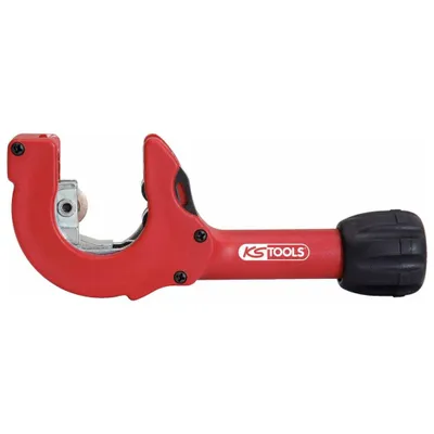 A red and silver pipe cutter with a black handle is shown against a white background.