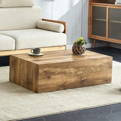 Produktbild von Rechteckiger Couchtisch mit Holzmaserung, 90x50x30 cm, MDF, rutschfeste Füße, keine Montage nötig, geeignet für modernen Luxusstil