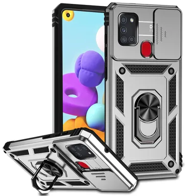 Immagine prodotto di Custodia per Samsung Galaxy A21S a doppio strato con copertura scorrevole della fotocamera e supporto ad anello Argento