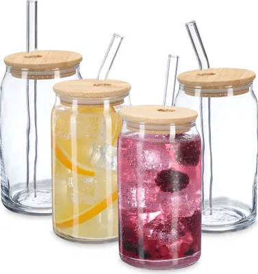 Immagine prodotto di Bicchieri Relaxdays con coperchio in bambù e cannuccia, set da 4, 450 ml, bicchieri per caffè freddo e frullati, trasparenti/naturali