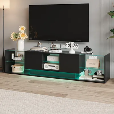 Zdjęcie produktu dla UnboxG Pływający stojak TV czarny wysoki połysk z LED RGB, pilot, 200 cm, szklane półki, szuflady