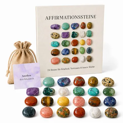Produktbild von Affirmationssteine Set 24 Edelsteine – Achtsamkeit Geschenk mit Bedeutungskarten, Jutebeutel & Impulsen