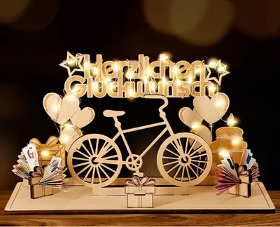 Produktbild von Holz Gästebuch Geldgeschenk mit LED Lichterkette - Deko Fahrrad für Radfahrer, Familie, Freunde