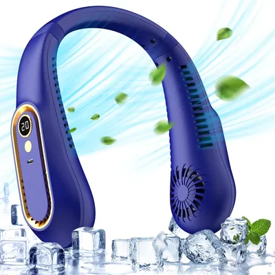 Obrázek produktu pro Přenosný ventilátor na krk, 5 rychlostních stupňů, USB baterie, pro dámy i pány, malý a praktický ventilátor s LED displejem a 720° prouděním vzduchu – bílá barva