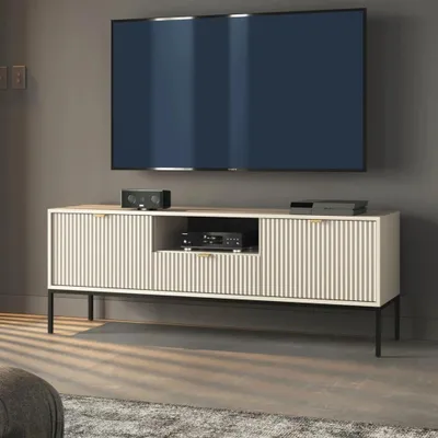 Obrázok produktu pre TV stolík Kioto 154 cm Cashmere Beige & Black - drážkované čelo, zlaté úchyty, 1 zásuvka, moderné