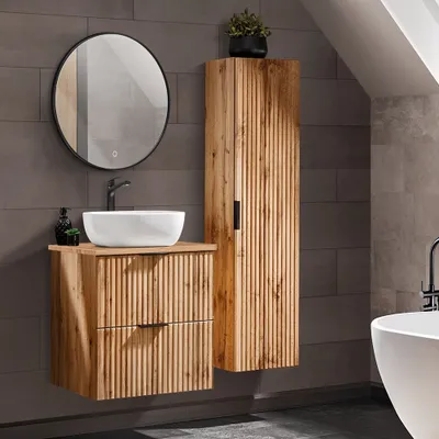 Produktbild von Badmöbel Set Wotaneiche mit Rillenoptik LED-Spiegel & 60 cm Waschtisch-Unterschrank mit Waschbecken, Hochschrank