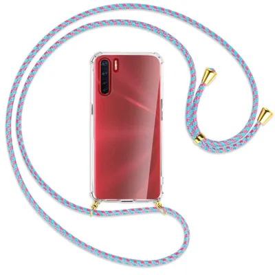 Produktbild von Handykette Backcover-Schutzhülle mit Band (Metall goldfarben) für Oppo A91 / F15 / Reno3 - pink/mint