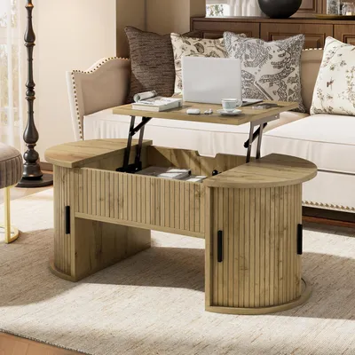 Produktbild von Merax Höhenverstellbarer Couchtisch mit Schiebetüren, Sofatisch mit Stauraum und offenen Regalen, Wohnzimmertisch aus MDF für Homeoffice, Natur