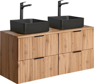 Produktbild von Badmöbel Waschtisch mit 120 cm Unterschrank Set Wotaneiche gerillt, Keramik-Waschbecken schwarz, 4 Softclose-Schubkästen, B/H/T 120,6/72,2/46,5 cm
