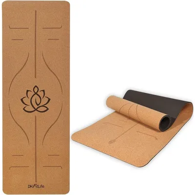 Produktbild von Yogamatte Gymnastikmatte Fitnessmatte - Naturkork und TPE - Rutschfest - 183 x 61 cm - Mit Ausrichtungslinien - Mit Tragegurt
