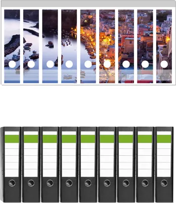 Produktbild von Wallario 9 Stück breite Ordner inkl. Klebeetiketten mit Motive Hafen bei Nacht - Italien hell erleuchtet -  Set mit Rückenschildern / Ordnerrücken Stickern