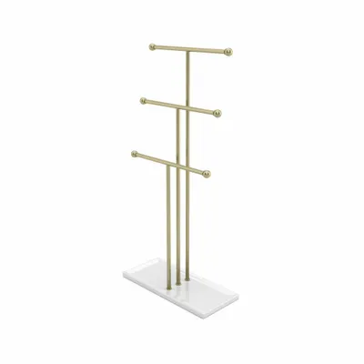 A jewelry stand with three horizontal bars for hanging jewelry, set on a white rectangular base.