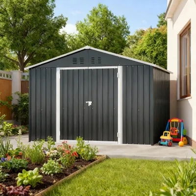 Produktbild von Geräteschuppen Gerätehaus Metall Fundament Gartenhaus Lagerschuppen mit Satteldach 9m³ Schwarz
