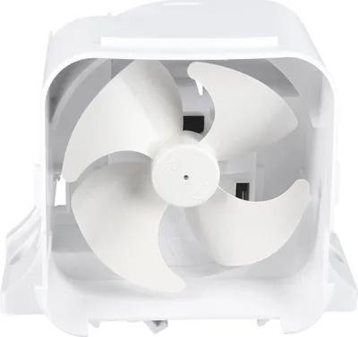 A white fan component for a refrigerator.