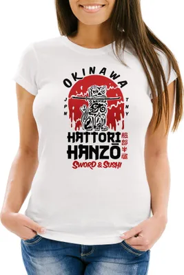 Produktbild von Damen T-Shirt Hattori Hanzo Sword and Sushi Okinawa Japan Schriftzeichen Fashion Streetstyle Neverless® weiß L
