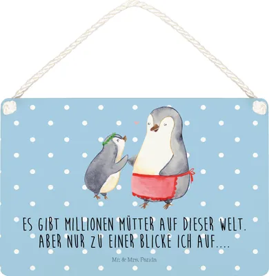Produktbild von Mr. & Mrs. Panda Schild Pinguin mit Kind DIN A5 - Blau Pastell - Geschenk, Türschild, hängeschild, Vorbild Mama, Muttertag, Holzschild, Mutter, holzbild, Mom, Familie