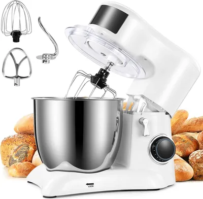Produktbild von Küchenmaschine 1300W mit 5.5L Edelstahl-Rührschüssel, inkl. Rührhaken, Knethaken, Schneebesen, Spritzschutz, 10Geschwindigkeiten, Weiß