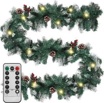 Image de Guirlande de Noël Vigevee, 2,7 mètres, avec 30 LED, décorée de baies, de cônes de pin et de branches blanches, fonctionne sur piles