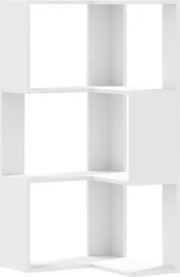 A white corner bookshelf with three levels.