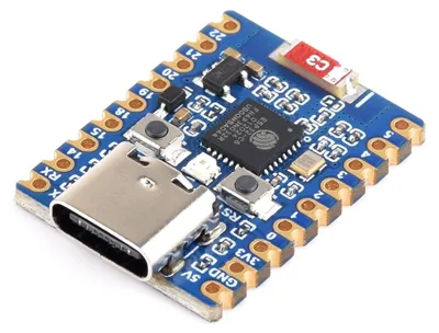 Productafbeelding van ESP32 C6 Zero WiFi 6 ontwikkelbord. Gebaseerd op de ESP32-C6FH4 dual-core processor, met een kloksnelheid tot 160 MHz. Integreert 2,4 GHz Wi-Fi 6 (802.11 ax/b/g/n) en Bluetooth 5, en beschikt over een USB Type-C poort
