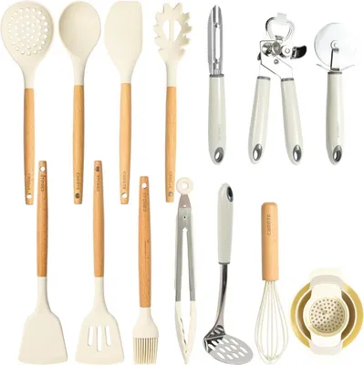Produktbild von 16-teiliges Silikon Küchenhelfer Set mit Holzgriffen, hitzebeständig, BPA-frei