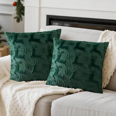 Productafbeelding van 2 kussenslopen, kerstmotief, fluweel, rendierprint, 40x40 cm, groen