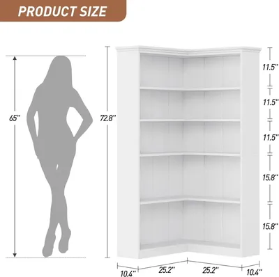 Obrázek produktu pro Rohová regálová sestava ve tvaru L - knihovna 185 cm, 5 polic - volně stojící dřevěná police - úsporné řešení pro úložný prostor v obývacím pokoji, kanceláři nebo chodbě - bílá barva s zadní stěnou