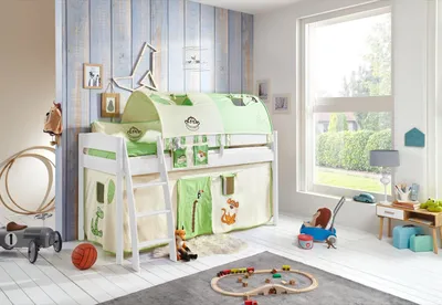 Produktbild von Halbhohes Einzelbett Mischelle Buche massiv Weiß lackiert 90x200 mit Textilset