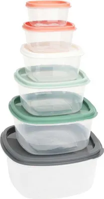 Zdjęcie produktu dla Zestaw 6 plastikowych pojemników na lunch z pokrywkami w różnych kolorach i rozmiarach.