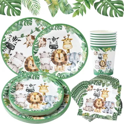 Imagen del producto de Set de fiesta con temática de jungla y safari, de 96 piezas, que incluye platos, vasos y servilletas de papel, ideal para fiestas infantiles