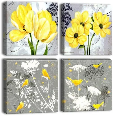 Image de Ensemble de 4 tableaux sur toile Benzoa®, dimensions 30x30 cm, motifs : fleurs et oiseaux jaunes, décoration murale moderne, toile montée sur panneau MDF de 12 mm, prêt à être accroché, avec revêtement de protection