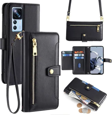 Produktbild von Handykette Xiaomi Hülle mit Band Handyhülle Kartenfächer Kunstleder Umhängetasche 12T / 12T Pro Schwarz