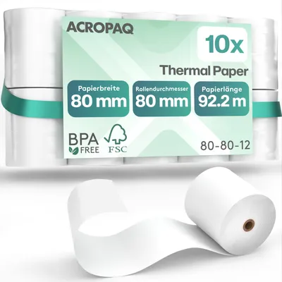 Produktbild von ACROPAQ - 10 x Thermische Kassenrolle - 80 x 80 x 12 mm - Bonnrolle, Thermopapier, Thermorolle - BPA-frei