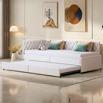 Obrázok produktu pre Rozkladacia pohovka UnboxG multifunkčná posteľ 90x200 cm s výsuvným lôžkom s lamelovým roštom, posteľ pre mladých, detská posteľ, posteľ pre hostí, denná posteľ zo zamatovej tkaniny, stabilná a priestorovo úsporná, béžová