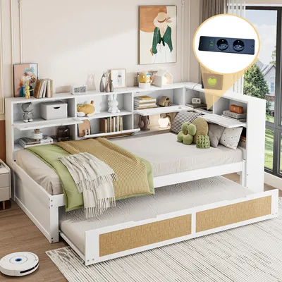 Produktbild von Schlafsofa 90x200 cm mit Ausziehbett 90x190 cm, Staufächern und Ladeanschlüssen, Einzelbett, Kinderbett, platzsparend, Massivholz, Weiß