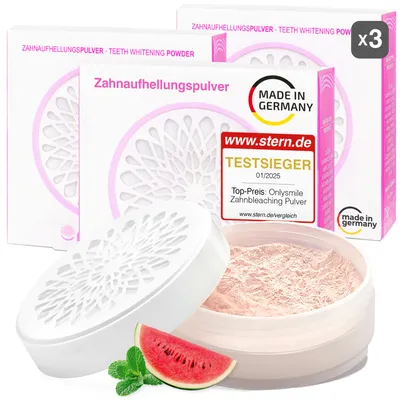 Immagine prodotto di Polvere sbiancante per denti OnlySmile, ideale per denti sensibili, contro le macchie. Prodotto in Germania, confezione da 3 x 75 g