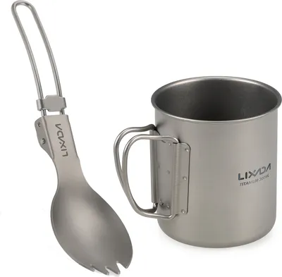 Obrázok produktu pre Sada riadu Lixada 300 ml / 350 ml / 550 ml / 650 ml – ultralahké titánové poháre so skladacou lyžicou-vidličkou, riad do turistických batohov