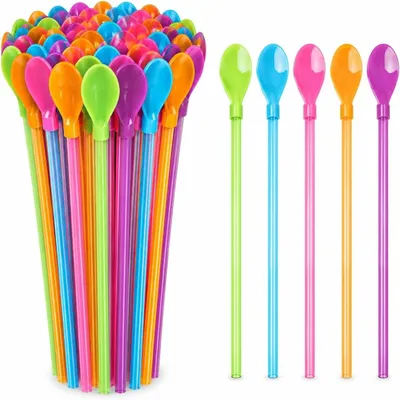 Imagen del producto de Pajitas para granizados con cuchara - Juego de 30 - Pajitas de plástico para bebidas heladas