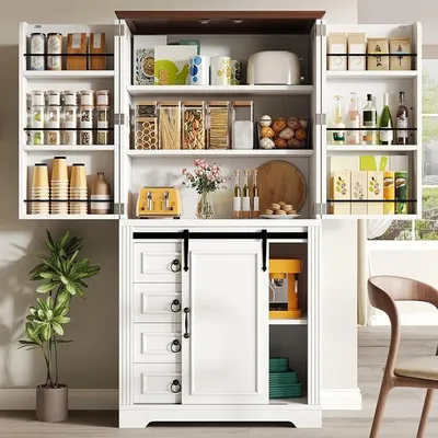 Produktbild von Küchenschrank 180cm, Buffetschrank Küche mit 4 Schubladen, 3 Türen und verstellbaren Böden, Hochschrank Vorratsschrank Landhausstil, Sideboard Aufbewahrungsschrank für Wohnzimmer Esszimmer, Weiß