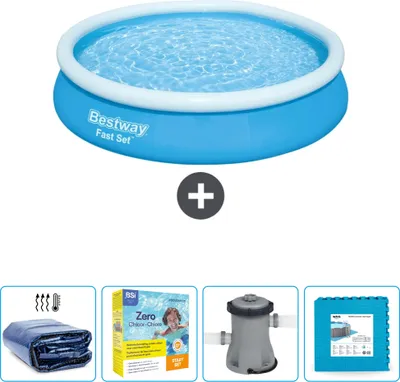 Produktbild von Bestway runder aufblasbarer Fast-Set-Pool – 366 x 76 cm – Blau – im Lieferumfang enthalten Sonnensegel - Wartungspaket - Pumpe - Bodenfliesen