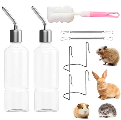 Produktbild von Hängefutterspender für Kaninchen - 350 ml - Edelstahl - 2er-Set mit Bürste - Für Kaninchen-, Meerschweinchen- und Hamsterkäfige