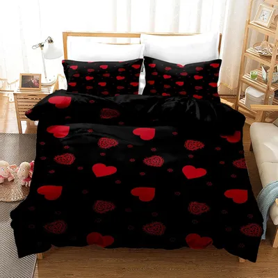 Immagine prodotto di Set di lenzuola con motivo a cuore rosso, dimensioni 200 x 200 cm, 2 federe 50 x 75 cm, in microfibra, per la camera da letto