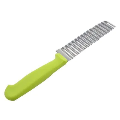 A wavy-edged knife with a green handle is shown against a white background.