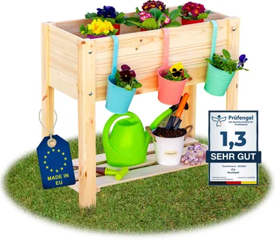 Produktbild von ITA Hochbeet aus Holz 80x37x78 cm - Pflanzkasten mit Ablageboden & Innenfolie -  EU - Direkt vom Hersteller -Kiefernholz - Pflanzbeet Blumenkasten für Garten Balkon Terrasse - Natur