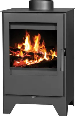 A dark gray wood-burning stove with a glass door showing a fire inside.