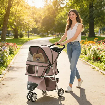 Produktbild von SUGIFT Hundewagen mit Aufbewahrungskorb, Hundebuggy faltbar, Stahlrahmen, Oxford-Stoff, Kaffee | reflektierende Streifen | bis 10 kg | 77x44x102 cm