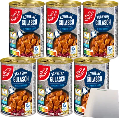 Produktbild von Gut & Günstig Schweine Gulasch in pikanter Sauce 6er Pack (6x400g Dose) + usy Block