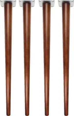 Four wooden table legs with silver mounting plates are arranged vertically against a white background.