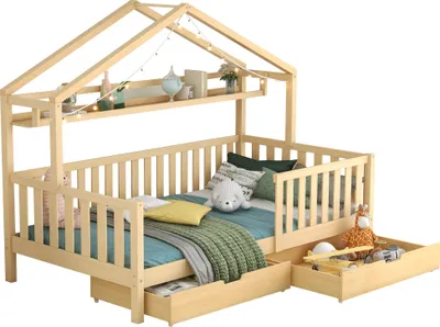 Obrázok produktu pre Detská postieľka, model "domček", rozmer 90x200 cm, prírodná farba, vyrobená z borovicového dreva a MDF, s roštom a dvoma zásuvkami, vhodná do detskej izby