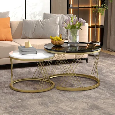 Produktbild von MODFU Couchtische Schwarz,Wohnzimmertisch rund 2er Set,Sofatisch mit Metallrahmen,Beistelltisch mit Verstellbare Füße